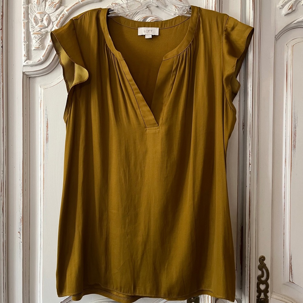Loft Womens Mustard Yellow V-Neck Flutter Sleeve Mixed Media Top Large
